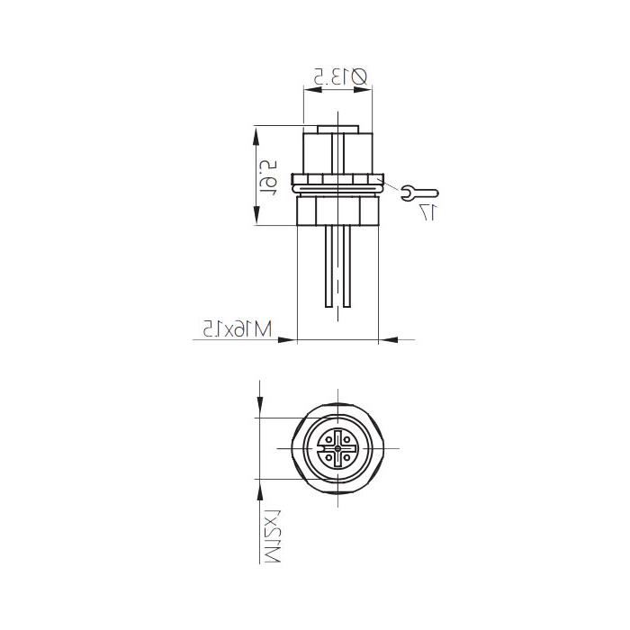 M12 4Pin、母头直型、法兰插座、板前安装、适用于现场焊接安装、64SA01H