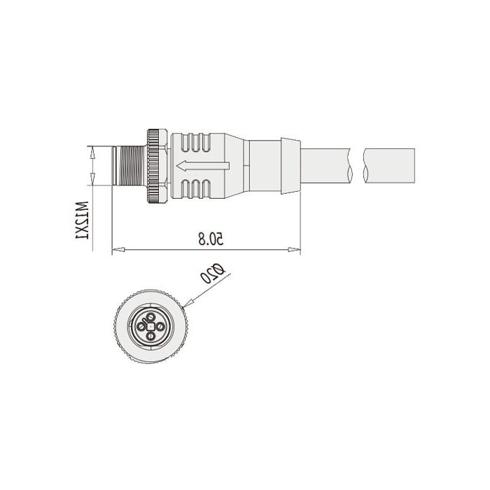 M12 4Pin T-coded、公头直型、单端预铸PVC非柔性电缆、黄色护套、64TP23-XXX